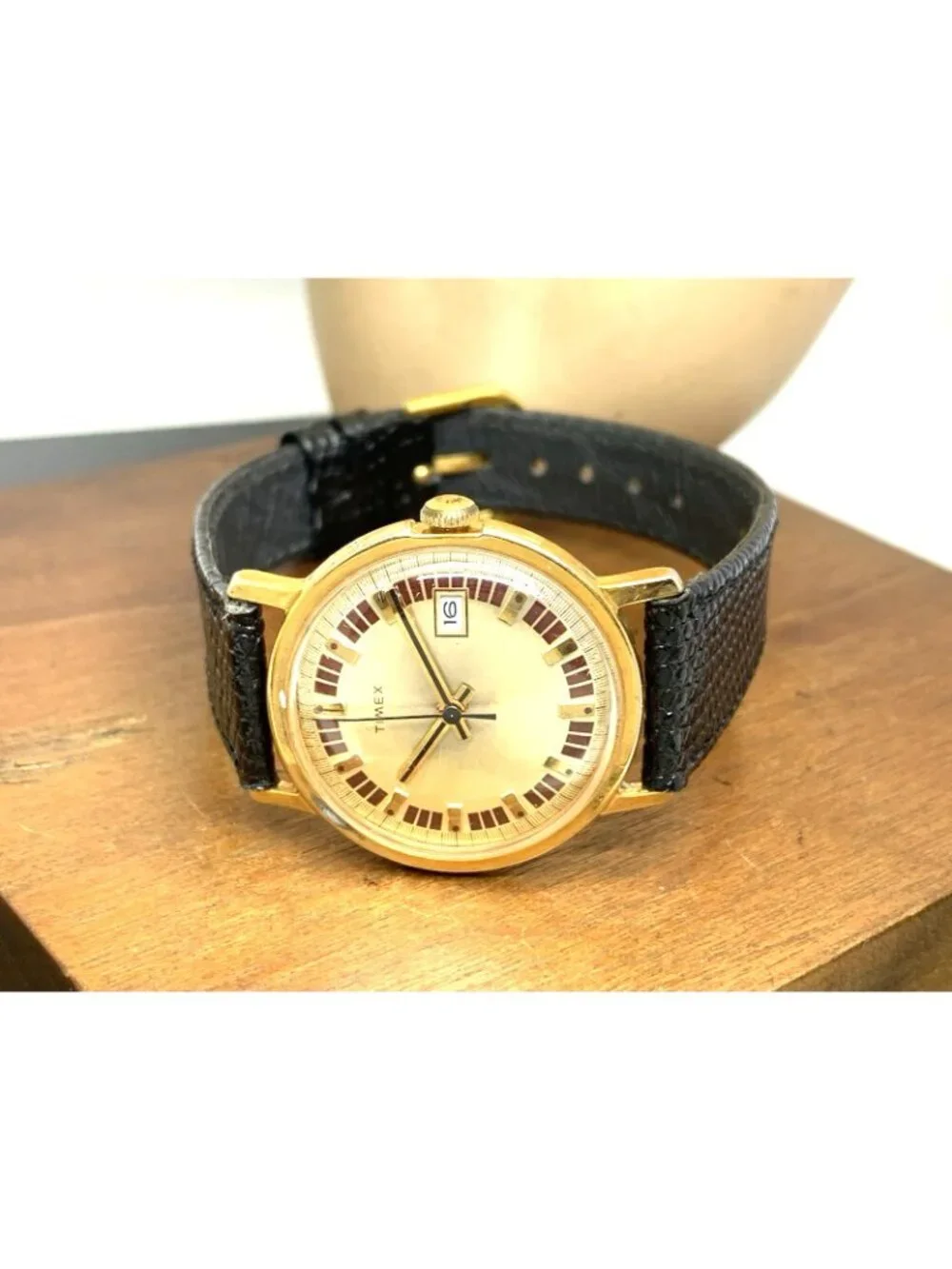 Timex Men's Watch Vintage Manual Wind Gold Dial Black Leather Strap 33mm